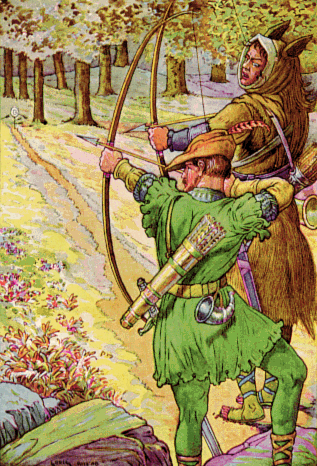 Robin shoots with sir Guy by Louis Rhead 1912 wikipedia public domain
