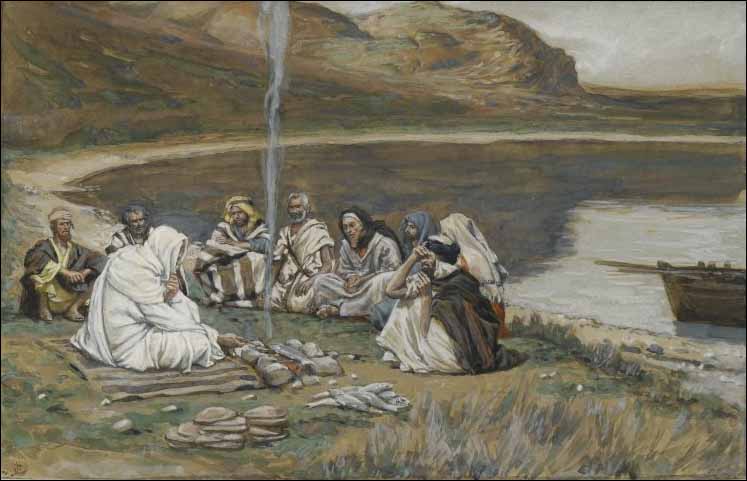 “But when the morning was now come, Jesus stood on the shore: but the disciples knew not that it was Jesus.” John 21:4. dans immagini sacre tissot-meal-of-our-lord-and-the-apostles-public-domain
