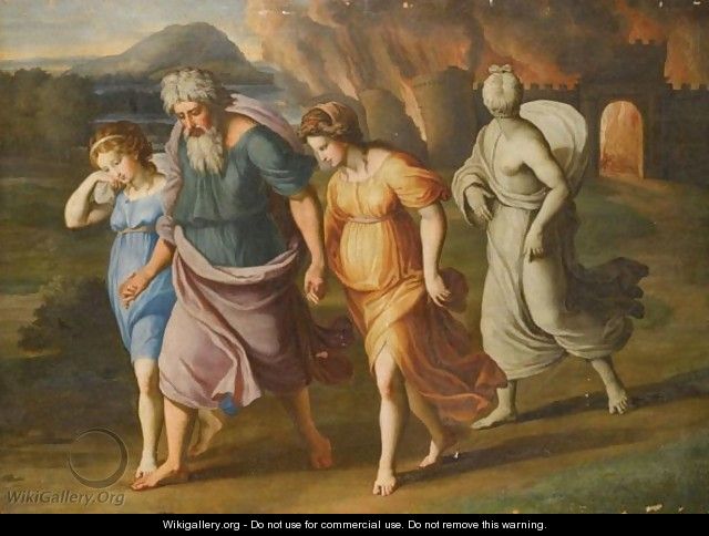 Lot and His Daughters flee Sodom by Raphael for www.wikigallery.com public domain