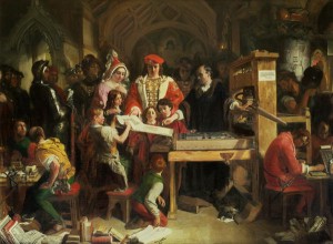 http://en.wikipedia.org/wiki/File:Caxton_Showing_the_First_Specimen_of_His_Printing_to_King_Edward_IV_at_the_Almonry,_Westminster.jpg