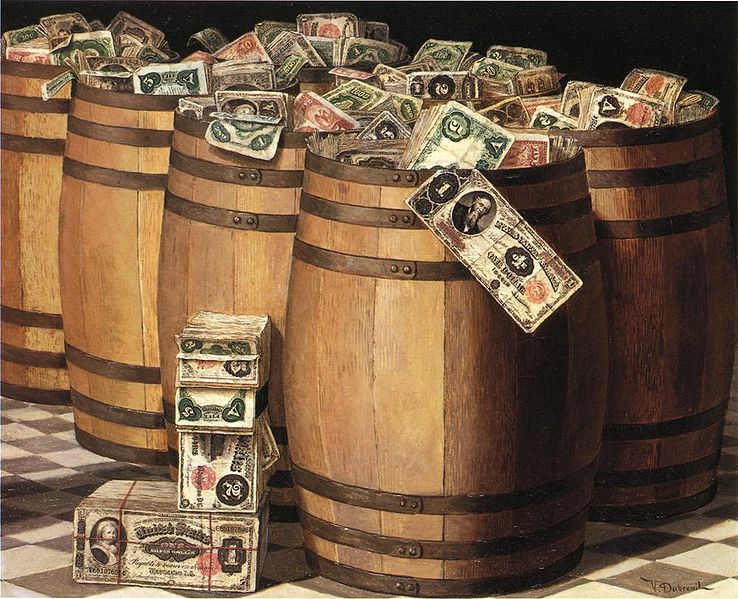 https://commons.wikimedia.org/wiki/File:Victor_Dubreuil_-_Barrels_on_Money,_c._1897_oil_on_canvas.jpg